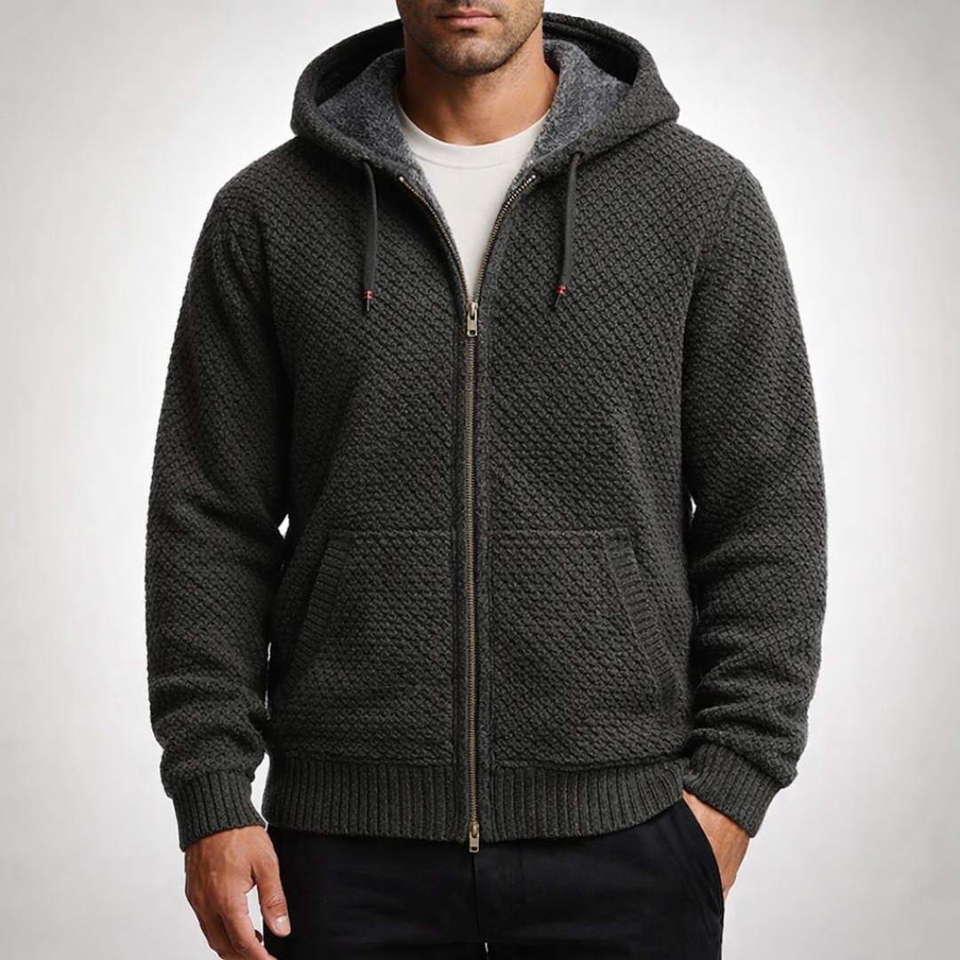 Herren Strickpullover mit Reißverschluss und Kapuze in Olivgrün