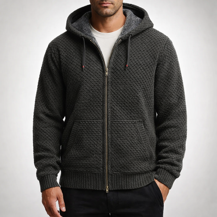 Herren Strickpullover mit Reißverschluss und Kapuze in Olivgrün