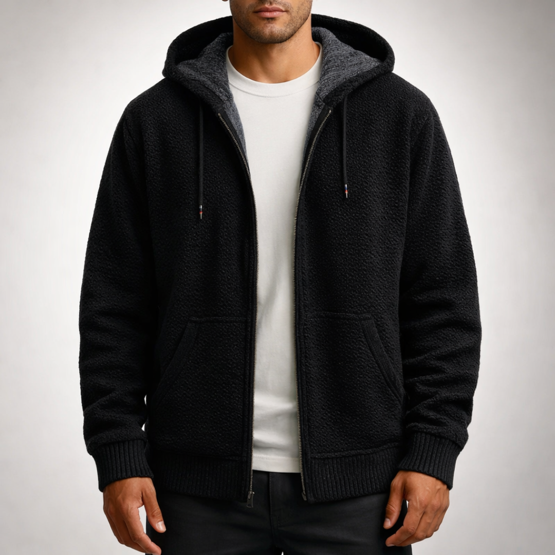 Herren Strickpullover mit Reißverschluss und Kapuze in Schwarz
