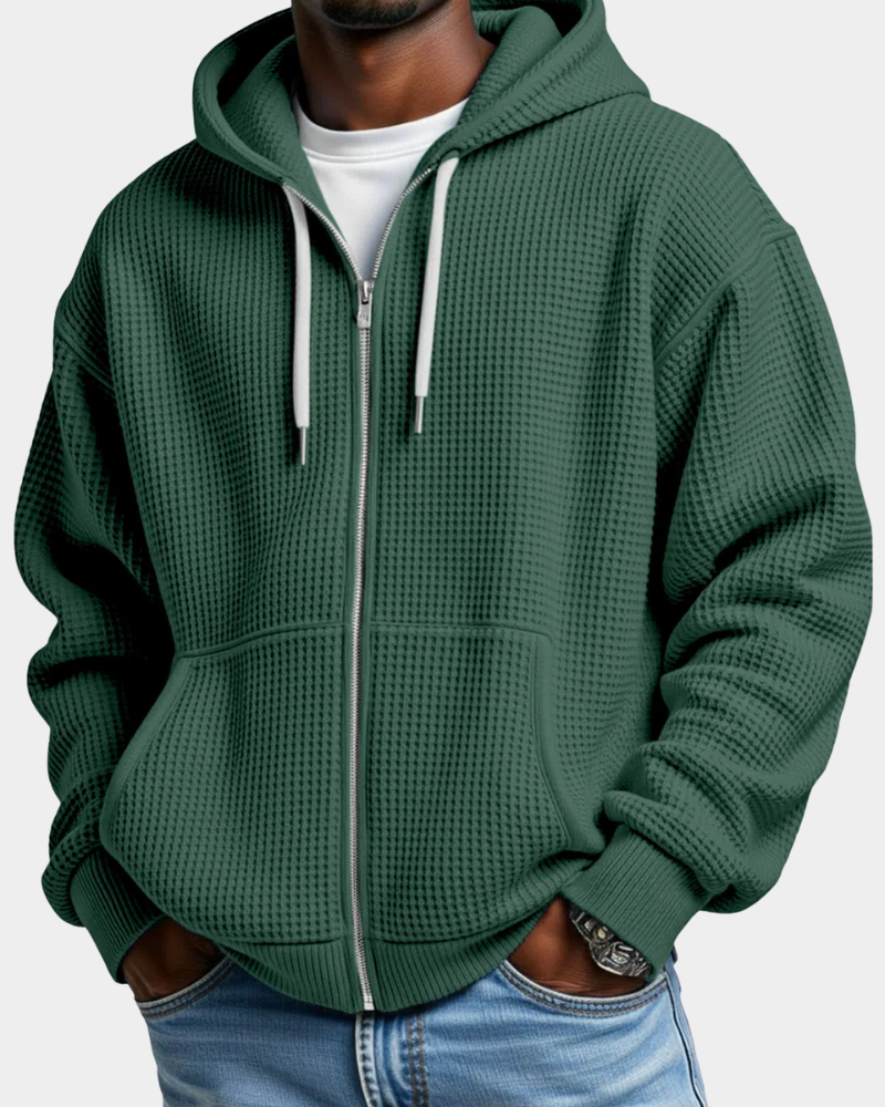 Herren Waffelstrick-Hoodie Oversized mit Durchgangsreißverschluss in Armeegrün