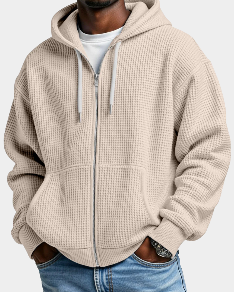 Herren Waffelstrick-Hoodie Oversized mit Durchgangsreißverschluss in Beige