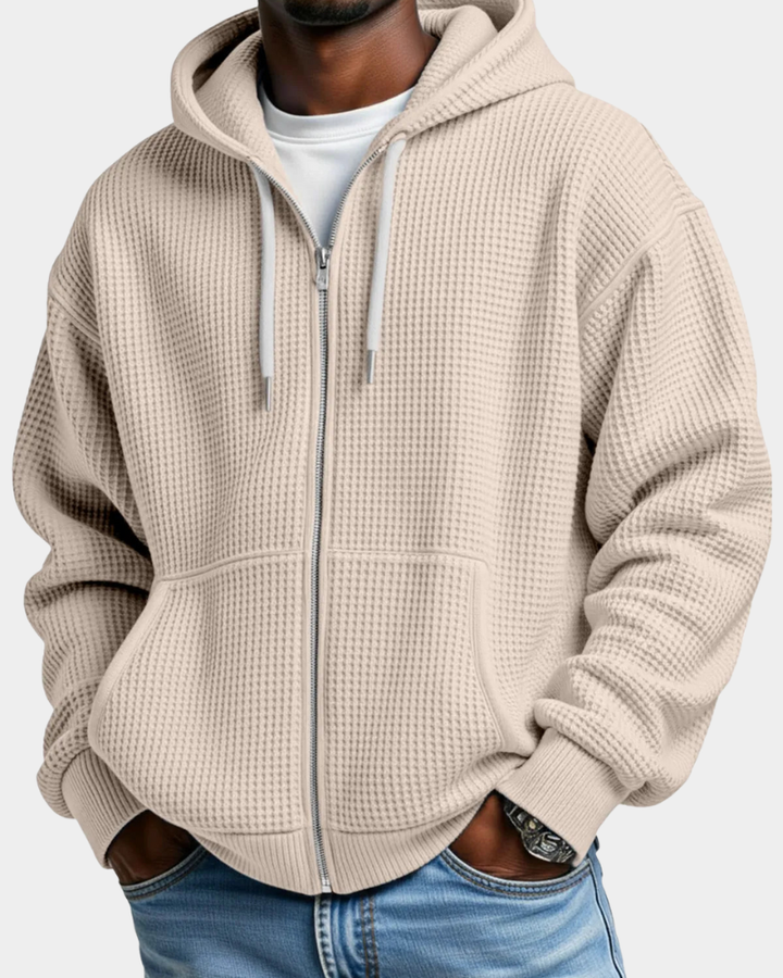 Herren Waffelstrick-Hoodie Oversized mit Durchgangsreißverschluss in Beige