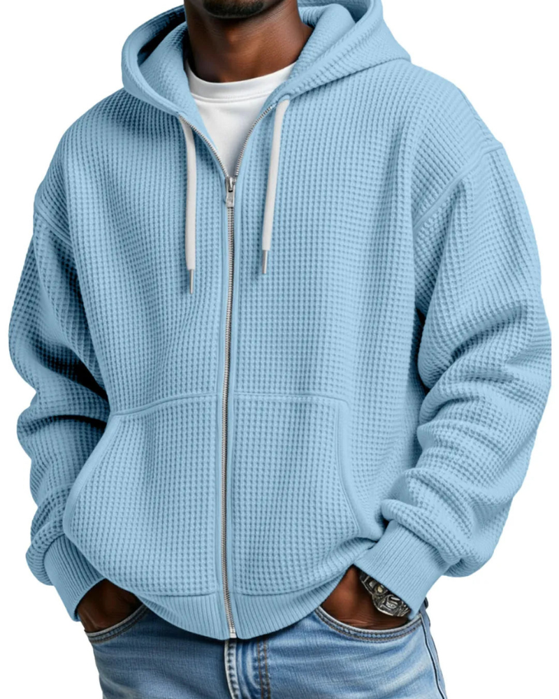 Herren Waffelstrick-Hoodie Oversized mit Durchgangsreißverschluss in Blau