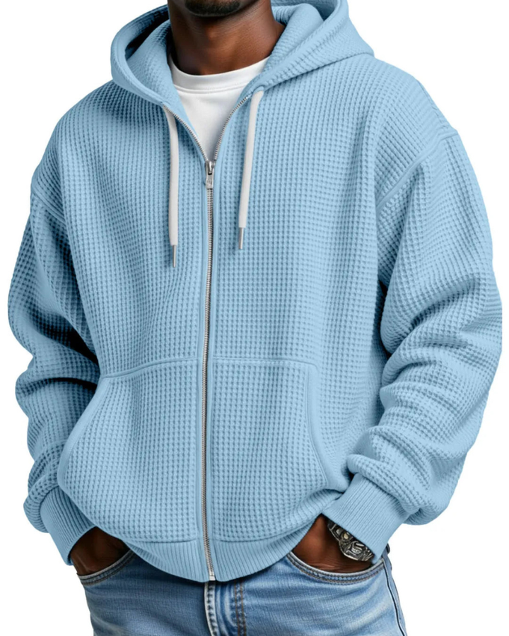 Herren Waffelstrick-Hoodie Oversized mit Durchgangsreißverschluss in Blau