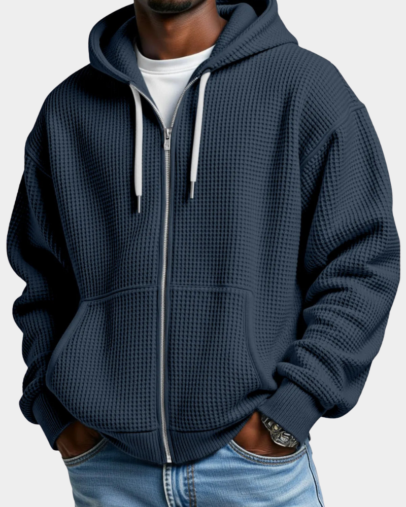 Herren Waffelstrick-Hoodie Oversized mit Durchgangsreißverschluss in Marineblau