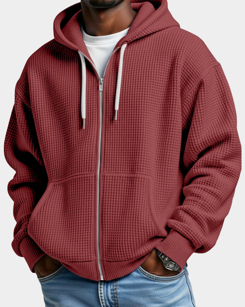 Herren Waffelstrick-Hoodie Oversized mit Durchgangsreißverschluss in Rot