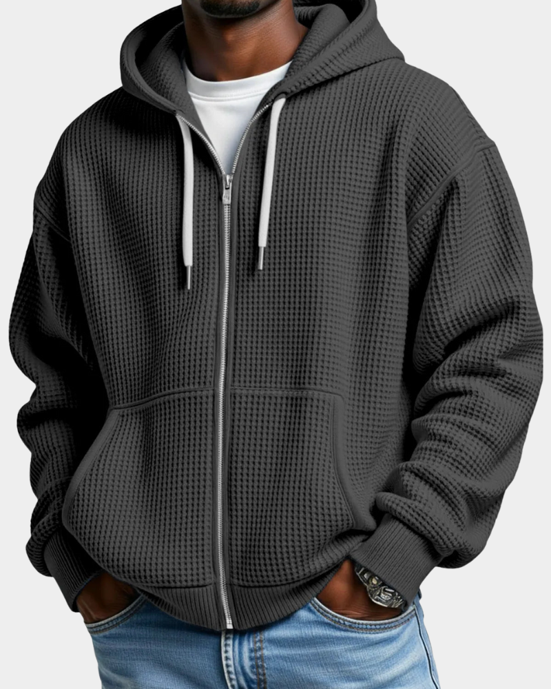 Herren Waffelstrick-Hoodie Oversized mit Durchgangsreißverschluss in Schwarz