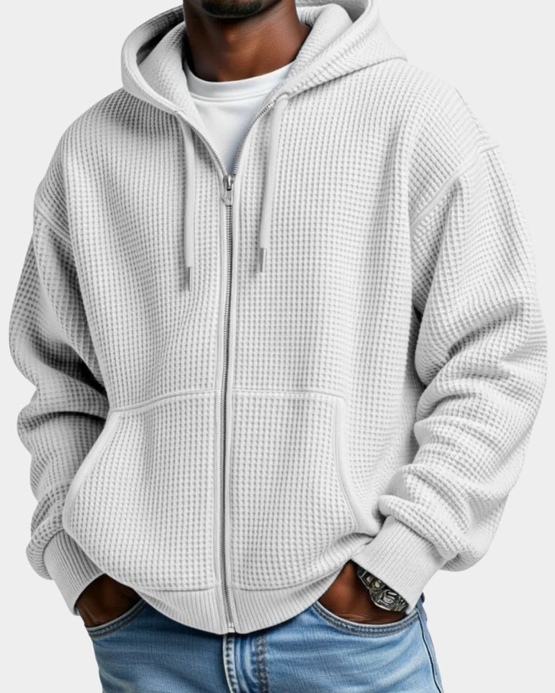 Herren Waffelstrick-Hoodie Oversized mit Durchgangsreißverschluss in Weiß