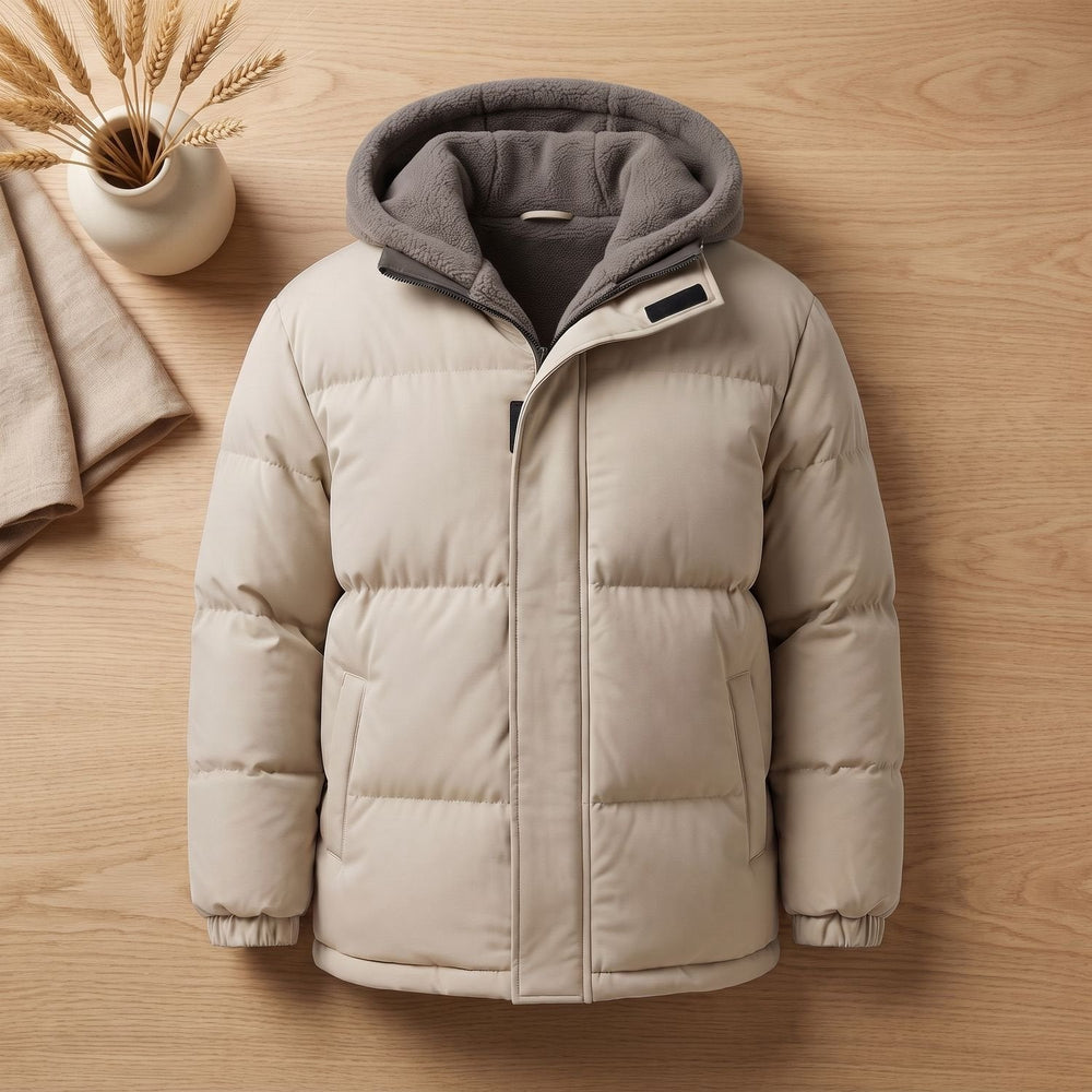 Herren Winterjacke mit Fleece-Kapuze und Puffer für Alltag in Weiß
