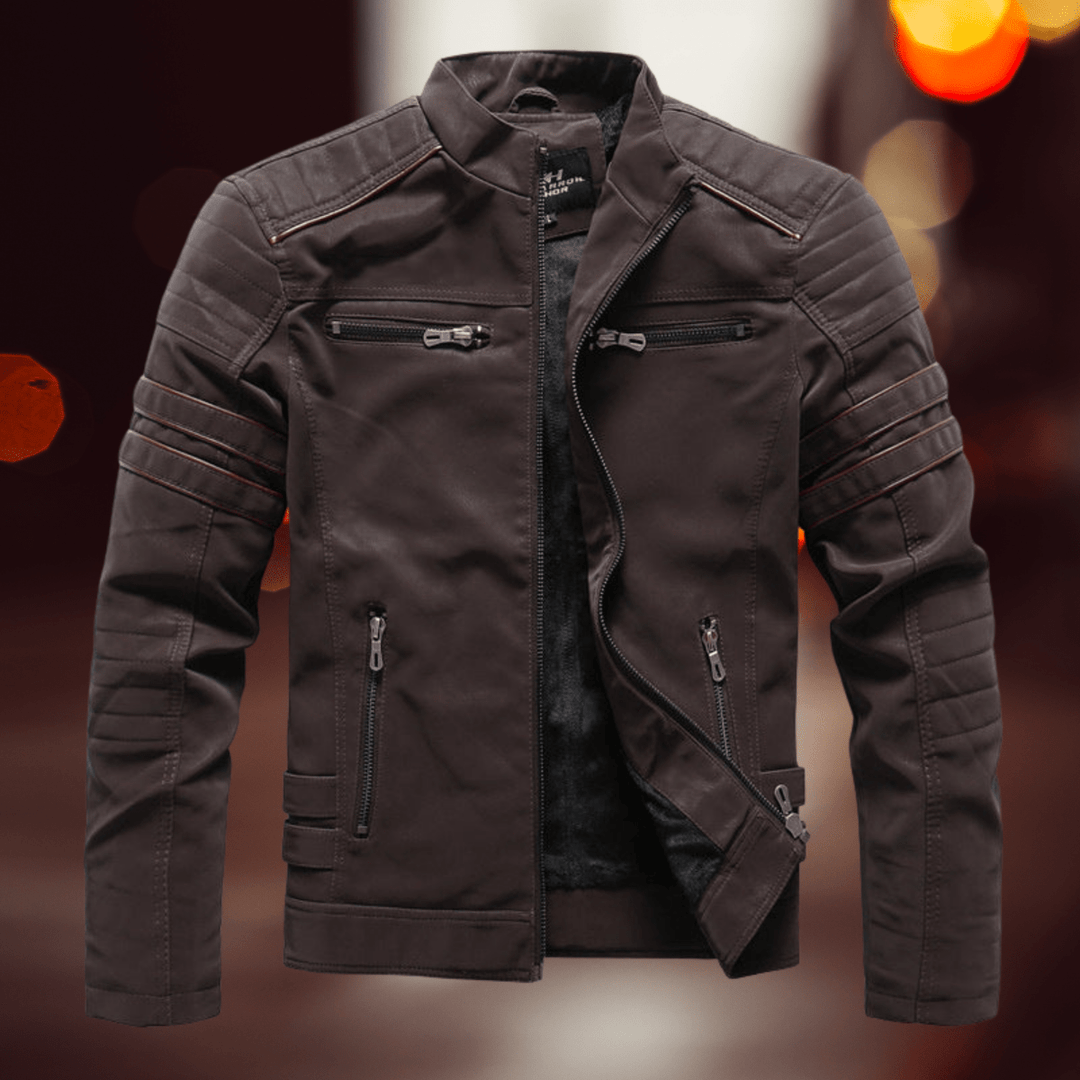 Herren Winterjacke mit Kontrast-Streifen im Biker-Stil in Braun