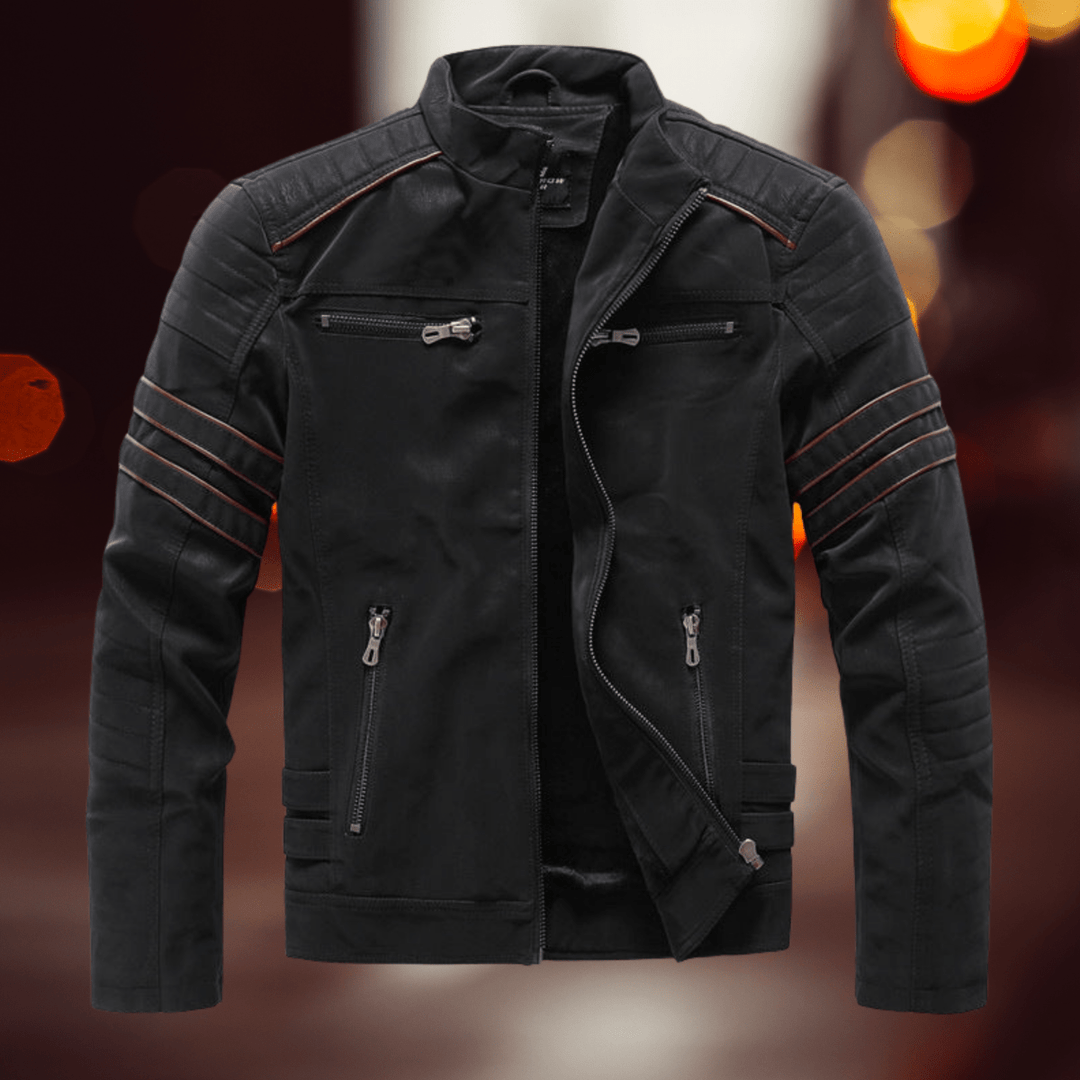 Herren Winterjacke mit Kontrast-Streifen im Biker-Stil in Schwarz