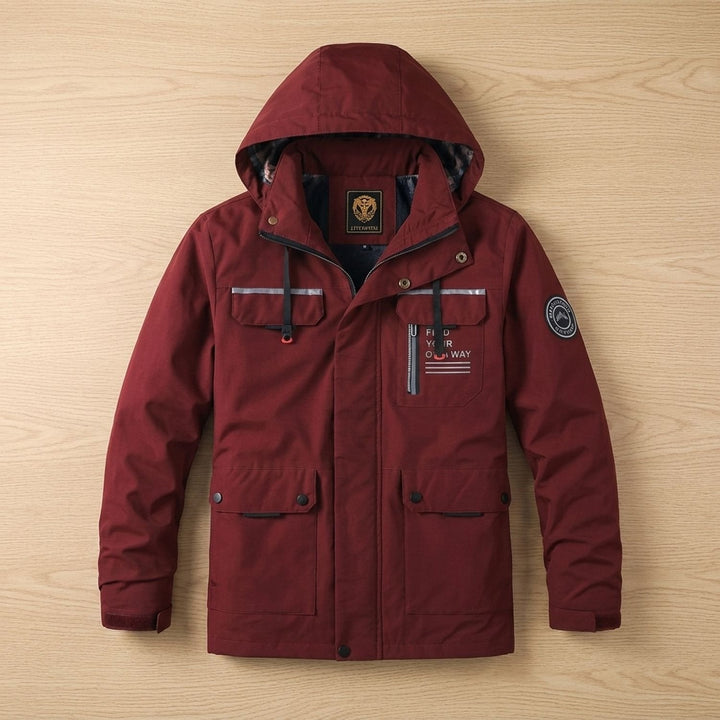 Herren Winterjacke mit verstellbarer Kapuze und Windschutz in Bordeaux