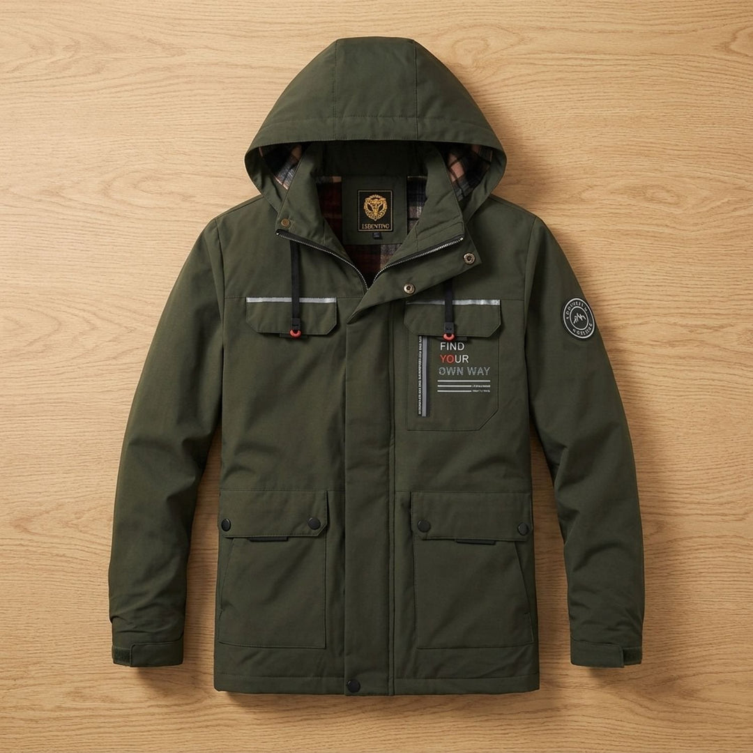 Herren Winterjacke mit verstellbarer Kapuze und Windschutz in Dunkelgrün
