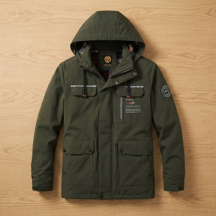Herren Winterjacke mit verstellbarer Kapuze und Windschutz in Dunkelgrün