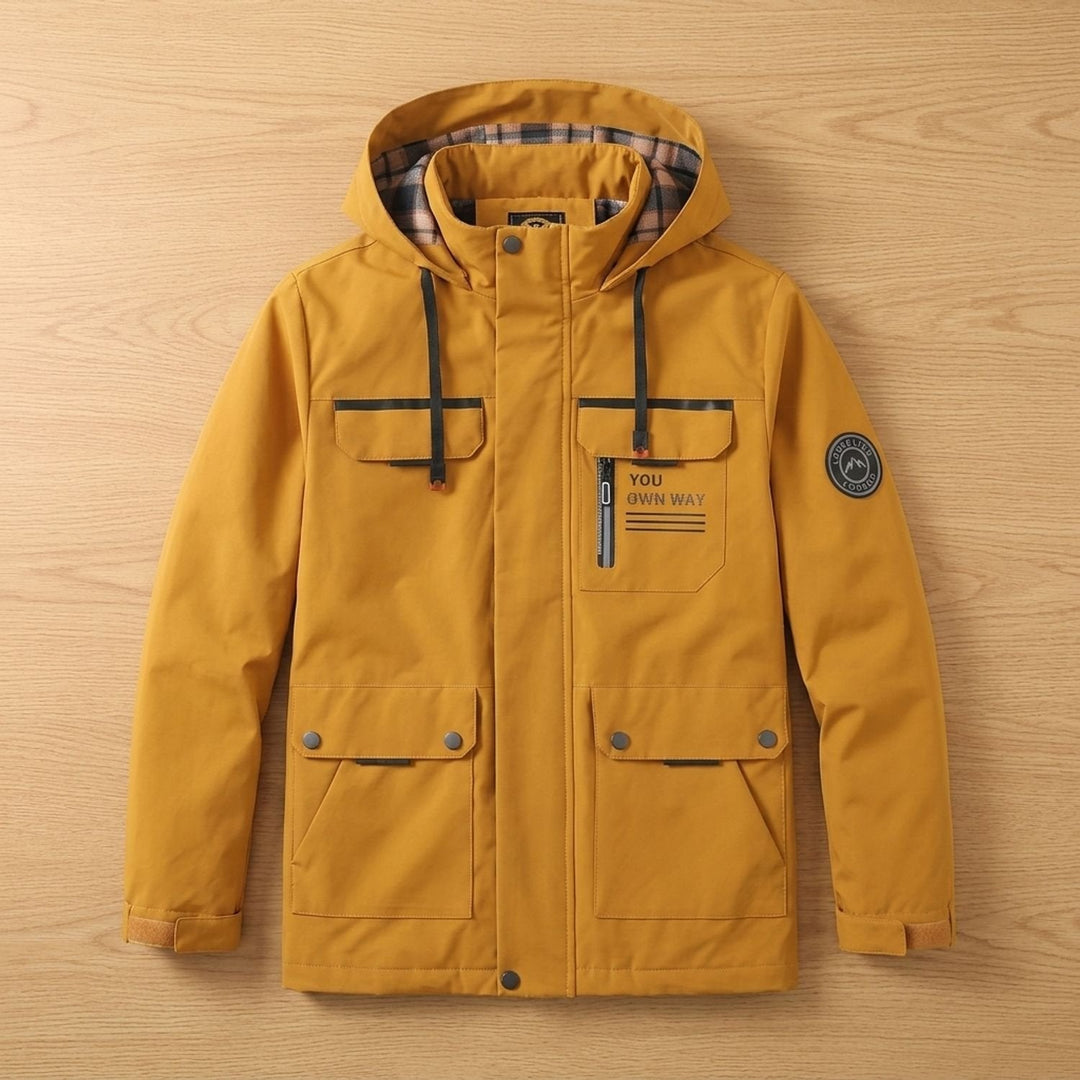Herren Winterjacke mit verstellbarer Kapuze und Windschutz in Gelb