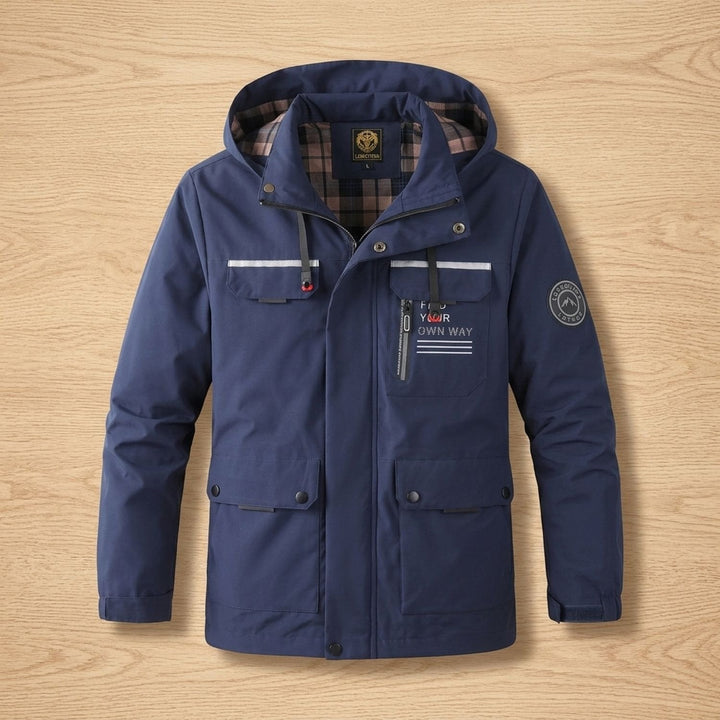 Herren Winterjacke mit verstellbarer Kapuze und Windschutz in Marineblau