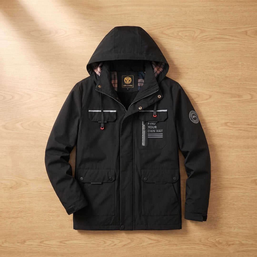 Herren Winterjacke mit verstellbarer Kapuze und Windschutz in Schwarz