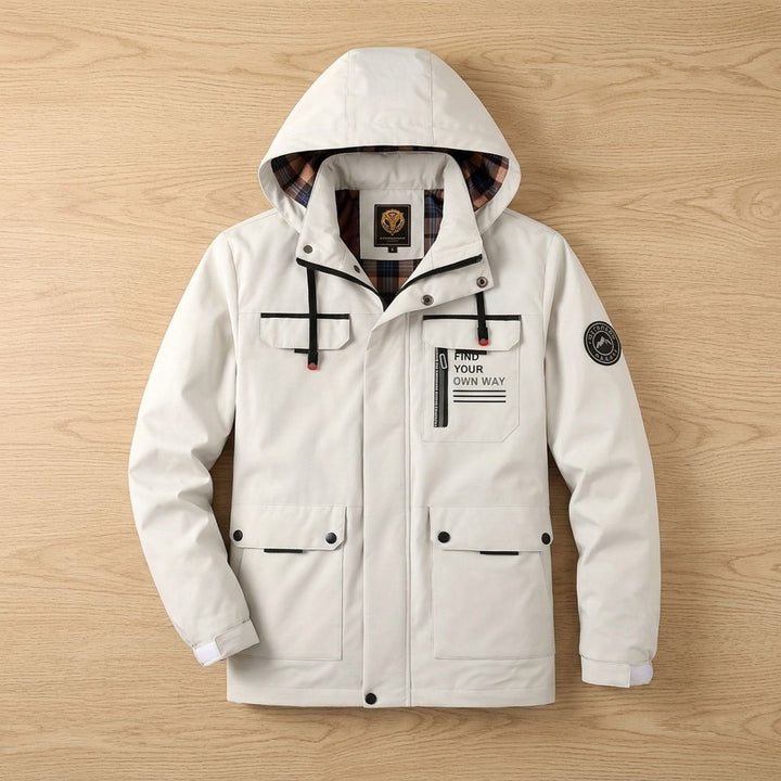 Herren Winterjacke mit verstellbarer Kapuze und Windschutz in Weiß