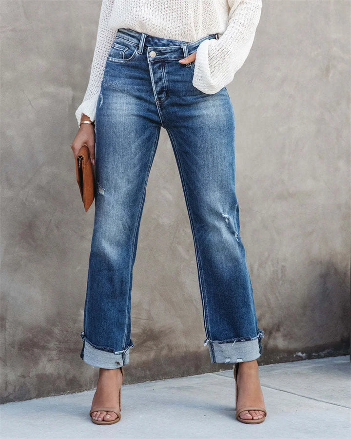 Jeans mit hoher Taille und Knopfleiste in Blau