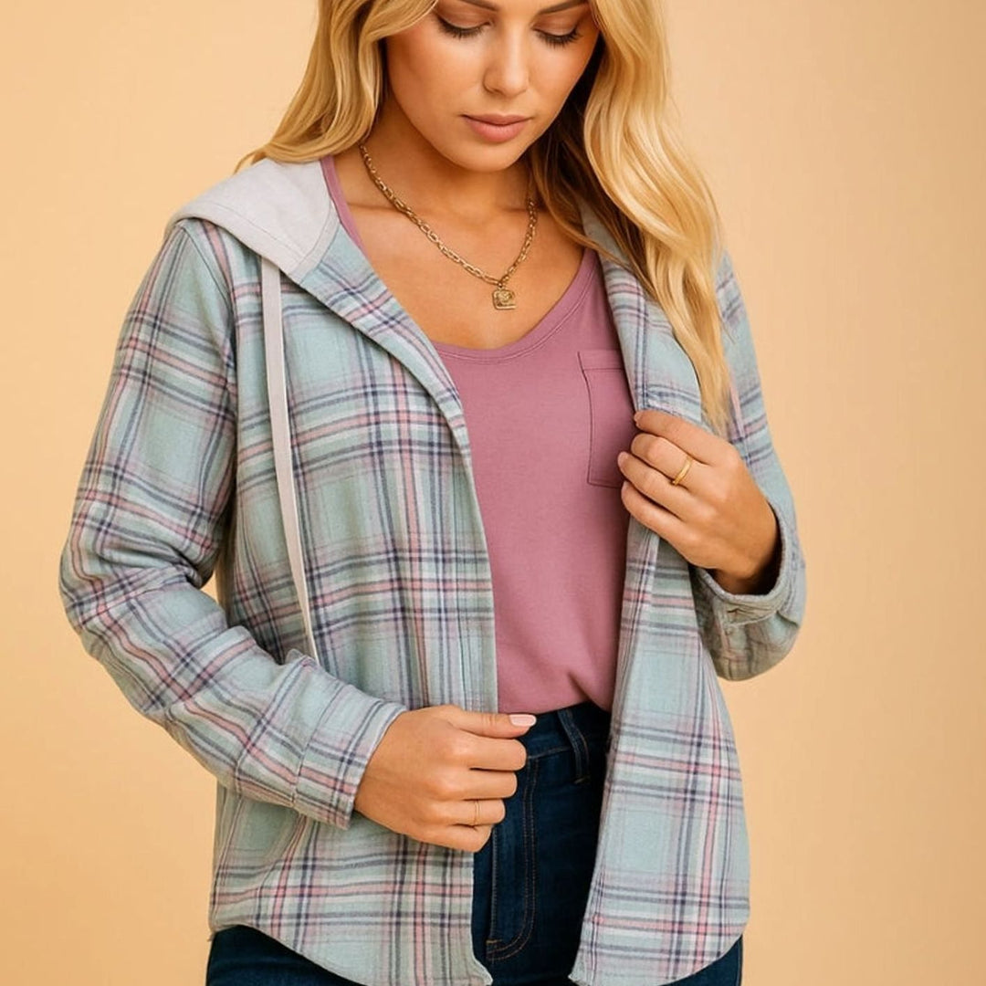 Karierte Bluse Damen mit verstellbarer Kapuze (6)