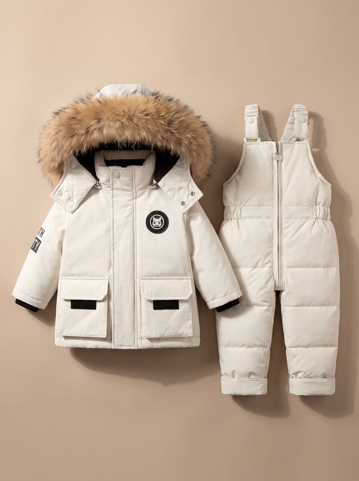 Kinder Puffer-Winterjacke mit Schneehose in Weiß