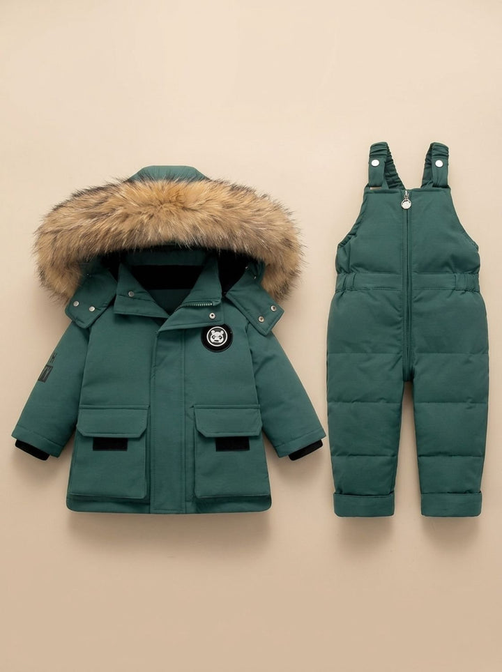 Kinder Winterjacke mit Fellkapuze und Schneeanzug in Grün