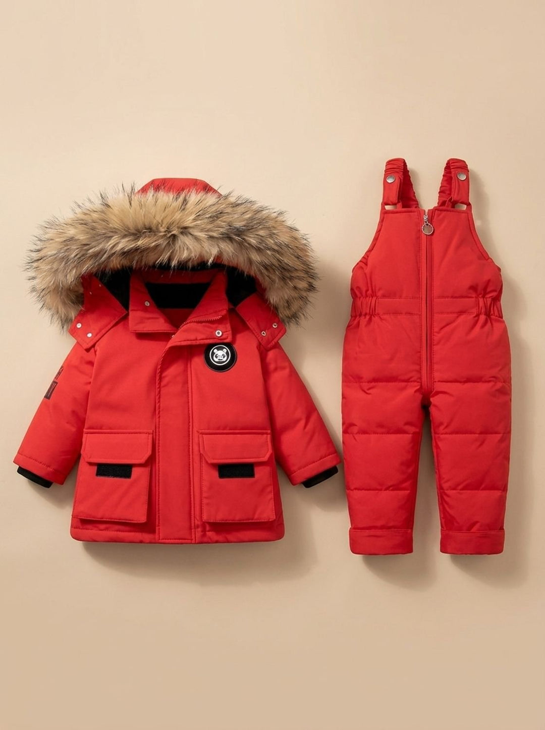Kinder Winterjacke mit Fellkapuze und Schneeanzug in Rot