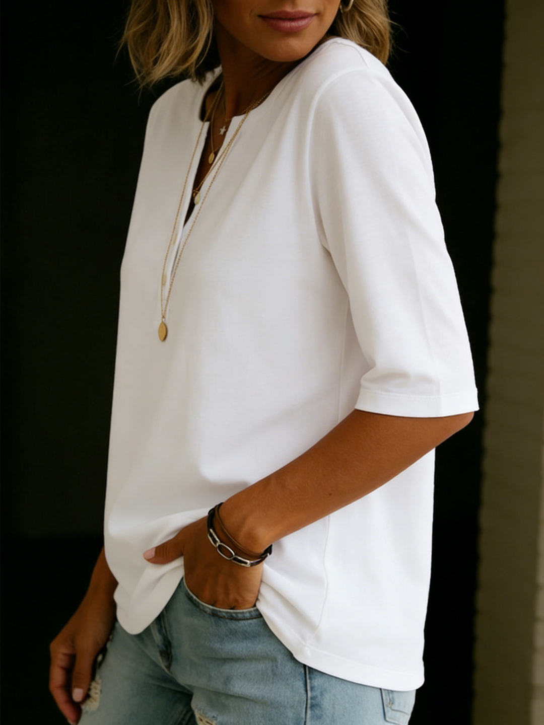 Klassische Damen Bluse im Henley-Stil aus Baumwolle (4)