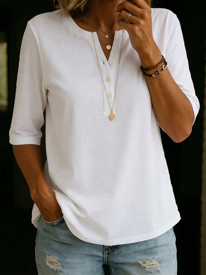 Klassische Damen Bluse im Henley-Stil aus Baumwolle in Weiß