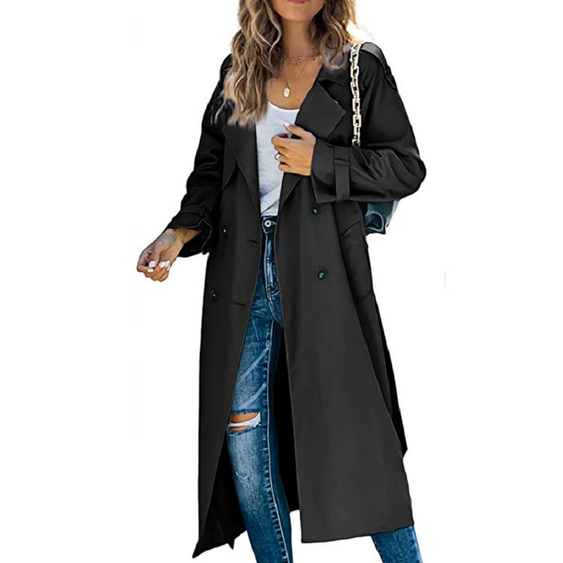 Klassischer Damen Trenchcoat Lang Elegant in Schwarz