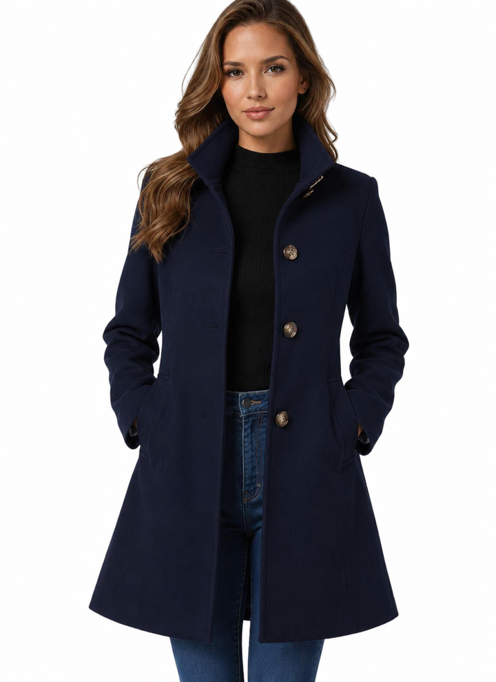 Klassischer Damen Wintermantel Midilänge mit Knöpfen in Marineblau