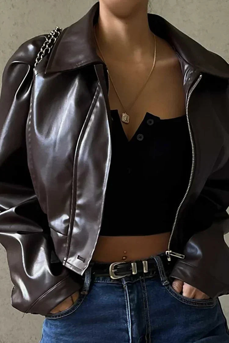 Kurze strukturierte Lederjacke für Damen (2)