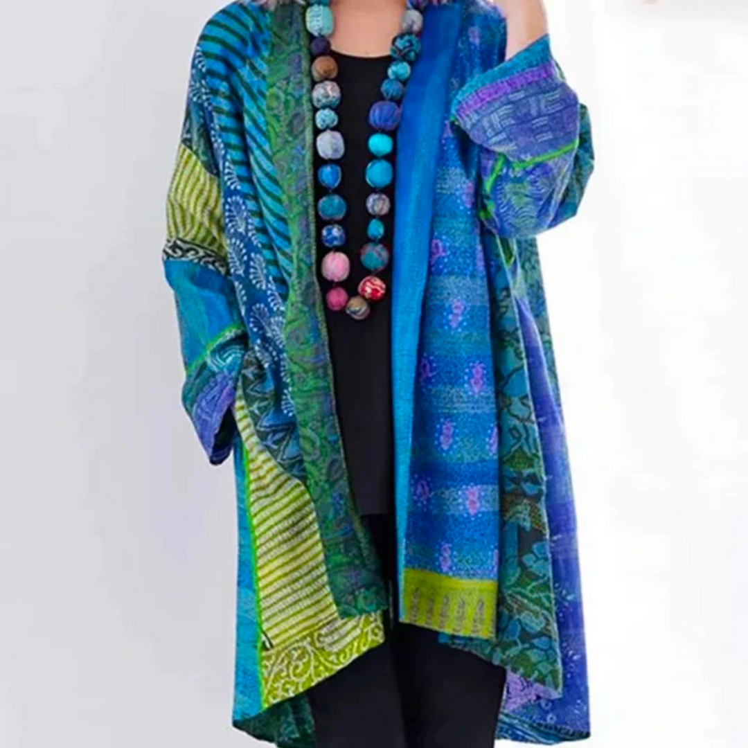 Lange Damen Strickjacke im Boho-Stil in Blau
