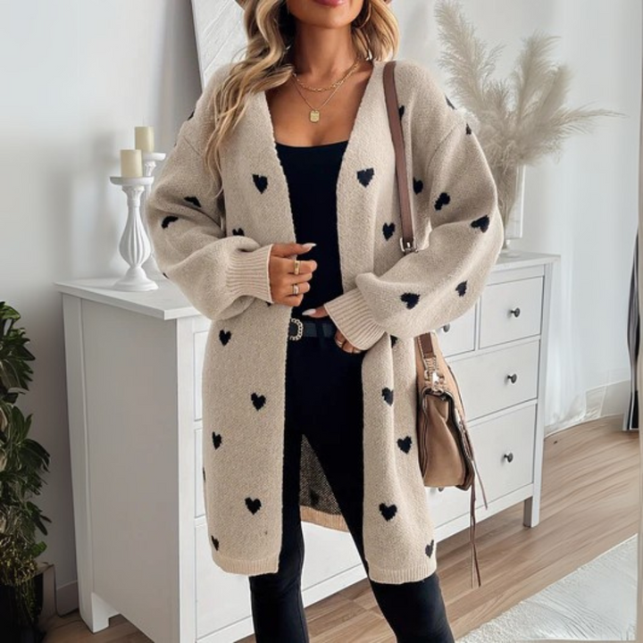 Lange Damen Strickjacke mit Herzmotiv für Herbst