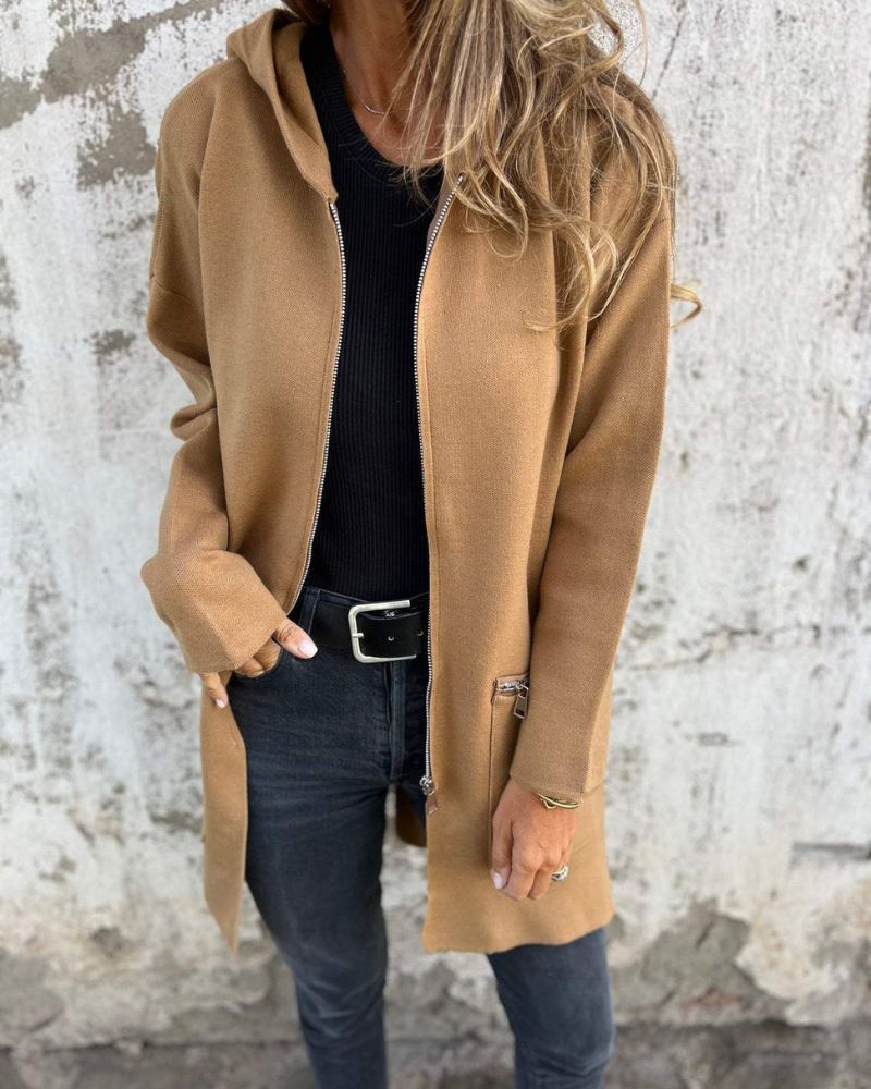 Lange Damen Strickjacke mit Kapuze in Braun