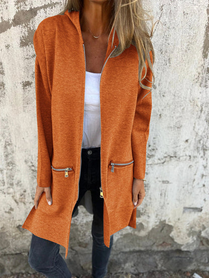 Lange Damen Strickjacke mit Kapuze in Brown Orange