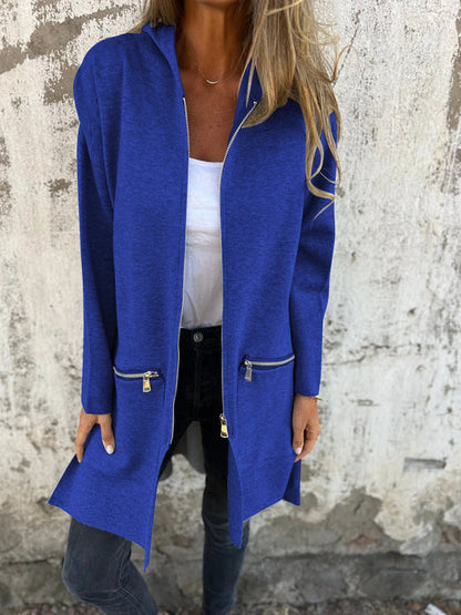 Lange Damen Strickjacke mit Kapuze in Dunkelblau