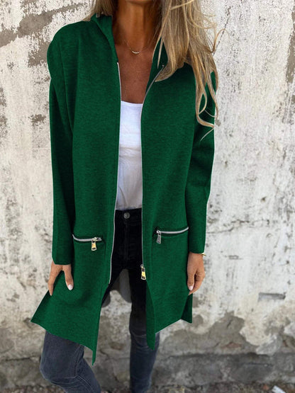 Lange Damen Strickjacke mit Kapuze in Dunkelgrün