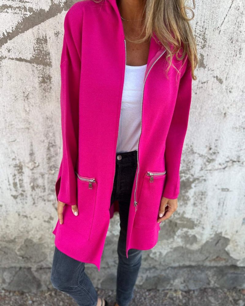 Lange Damen Strickjacke mit Kapuze in Dunkelrosa