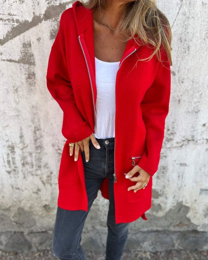 Lange Damen Strickjacke mit Kapuze in Rot