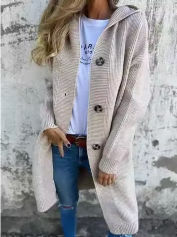 Lange elegante Damen Strickjacke für Herbst in Beige