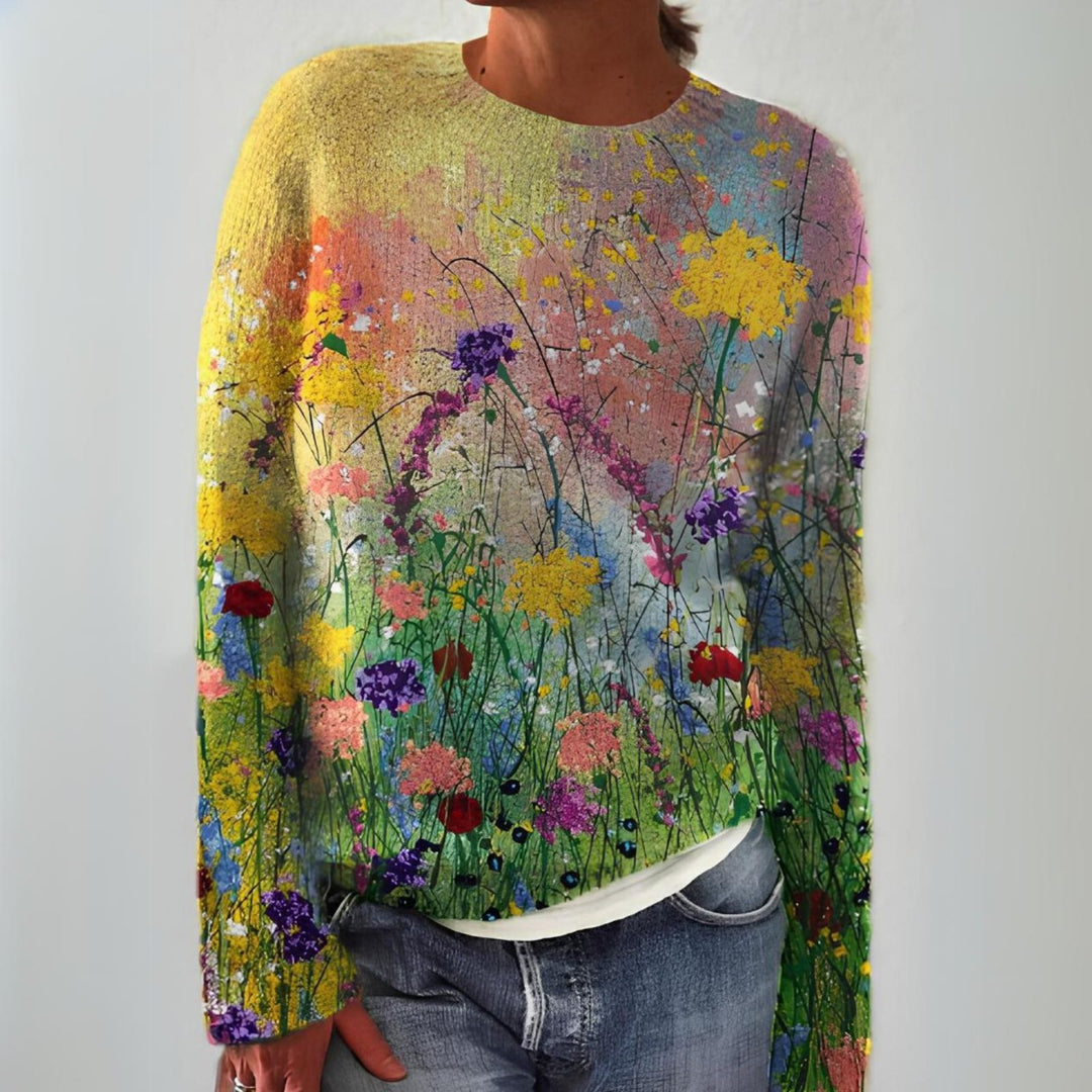Lange Norwegische Pullover Damen mit Blütenmustern in Mehrfarbig