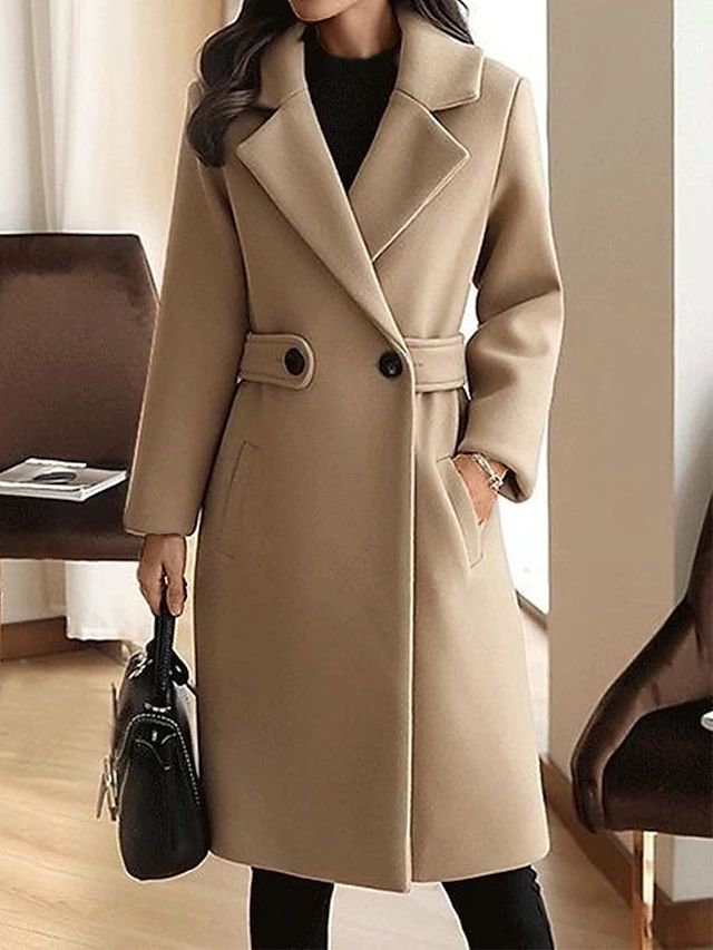 Langer Klassischer Damen Wintermantel aus Wolle in Beige