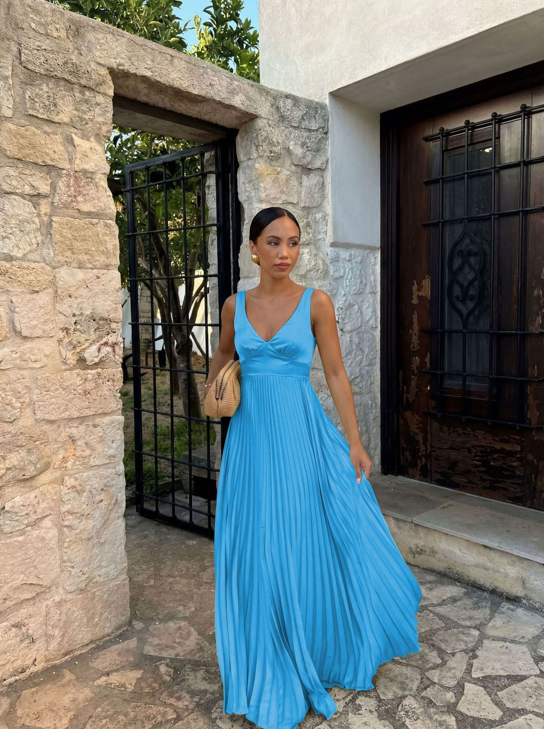 Langes Abendkleid mit Plissee für Damen in Petrol