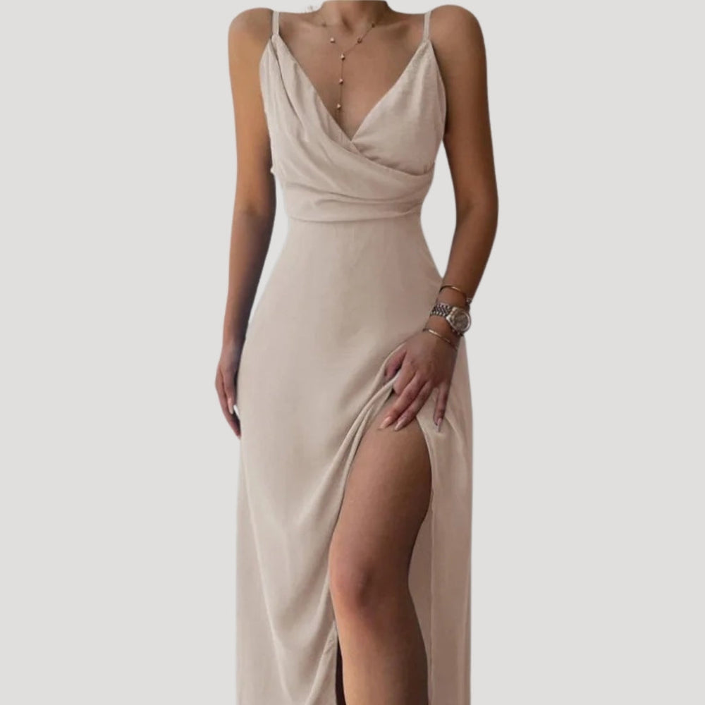 Langes Abendkleid mit Schlitz für Damen in Beige