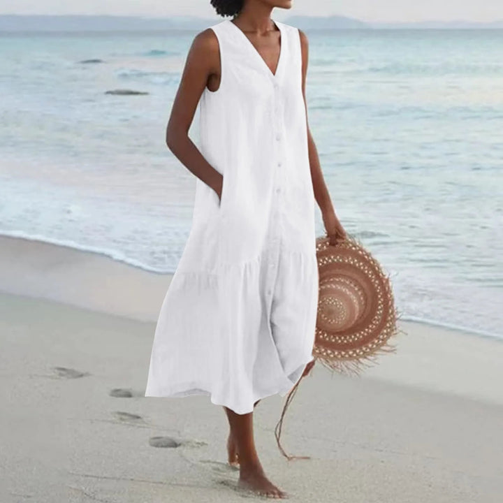 Leinenkleid mit V-Ausschnitt Elara Linen in Weiß