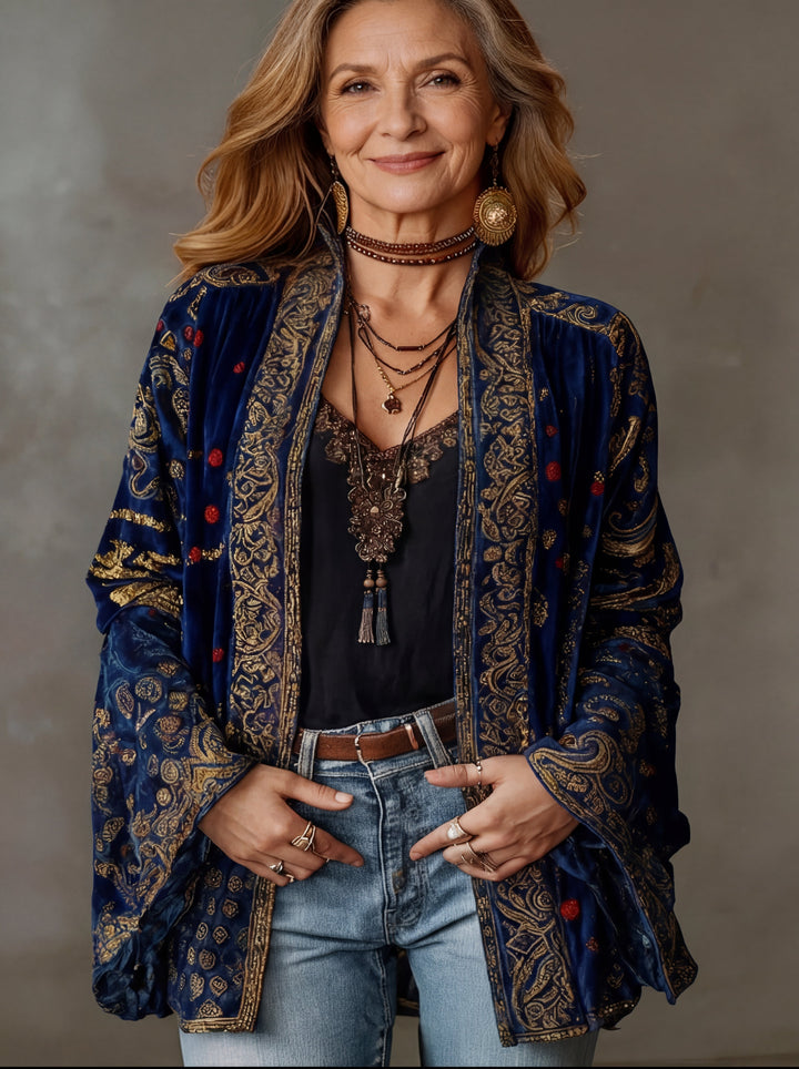 Lockere Damen Strickjacke mit Boho-Motiven in Marineblau
