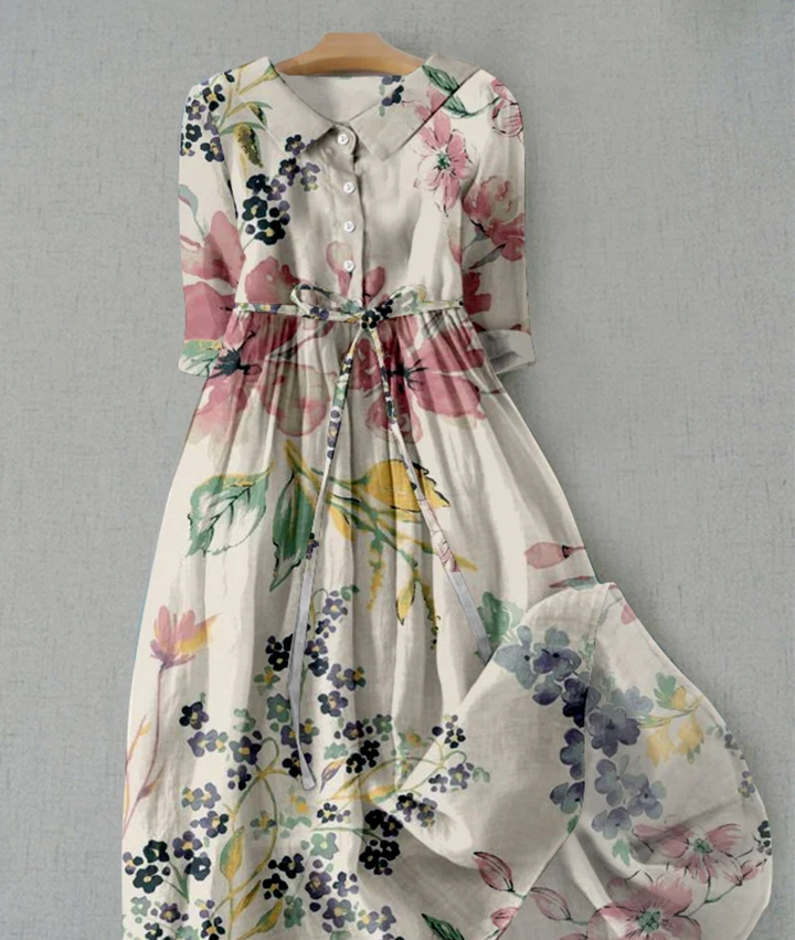 London | Linen dress with floral in Weiß