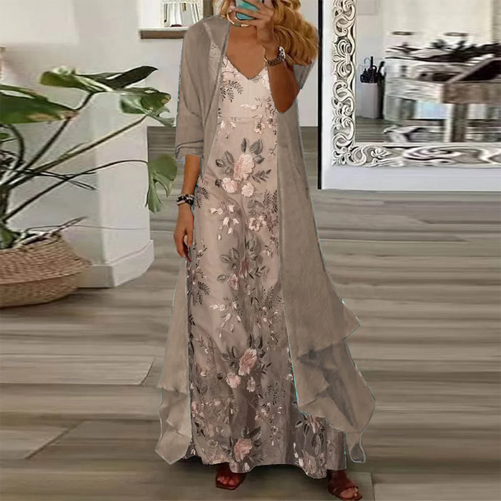 Luftiges Blumen-Strandkleid Set in Beige