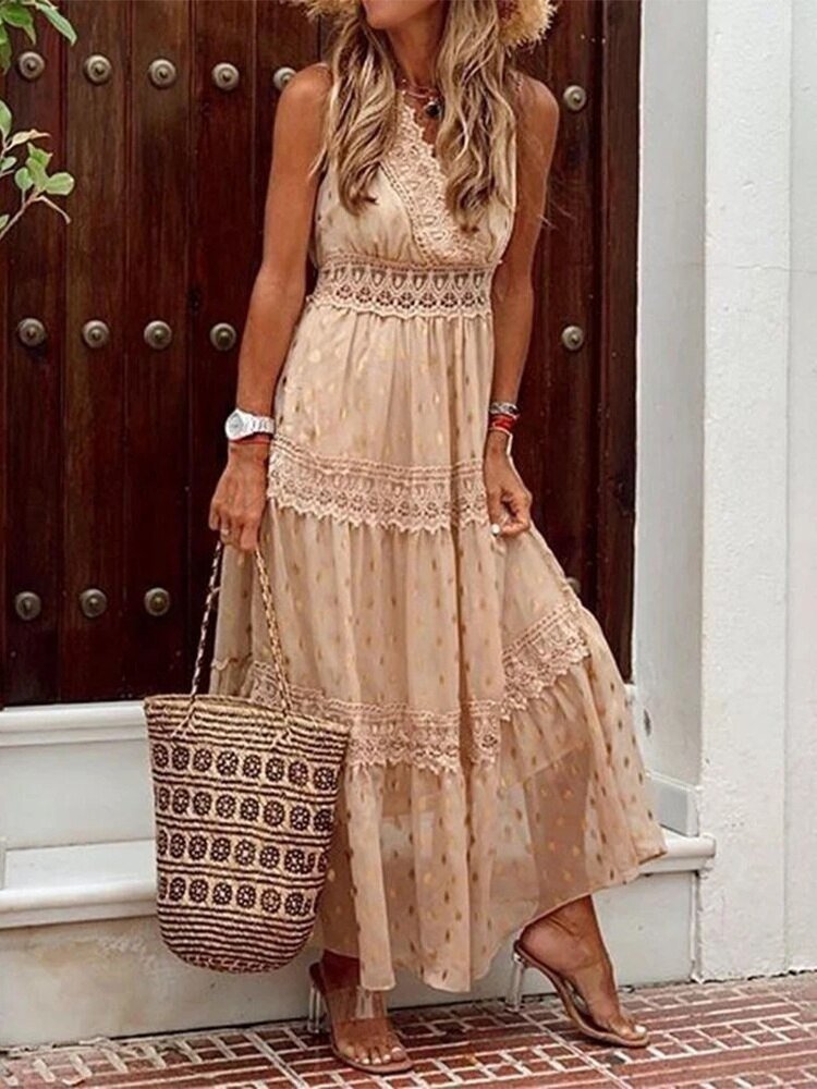 Luftiges Boho-Maxikleid für Hochzeitsgäste in Beige